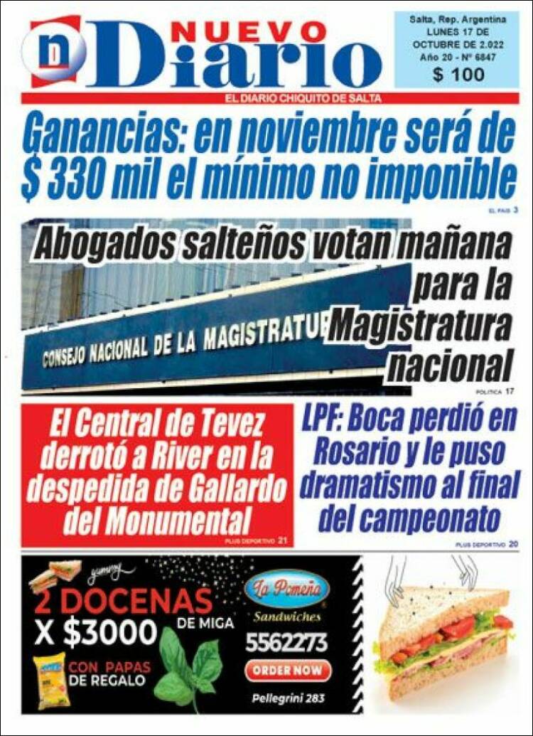 Portada de Nuevo Diario de Salta (Argentina)