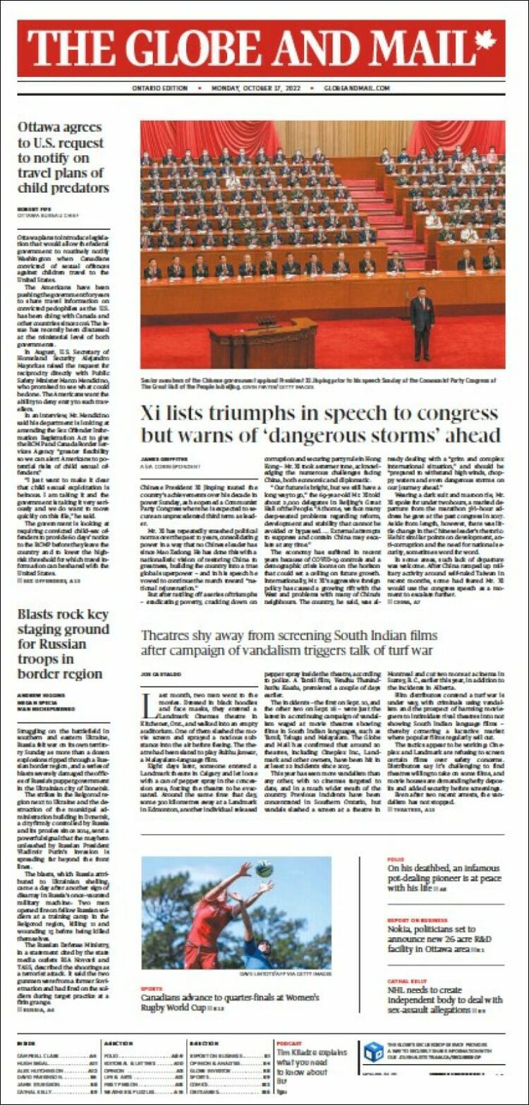 Portada de The Globe and Mail (Canadá)