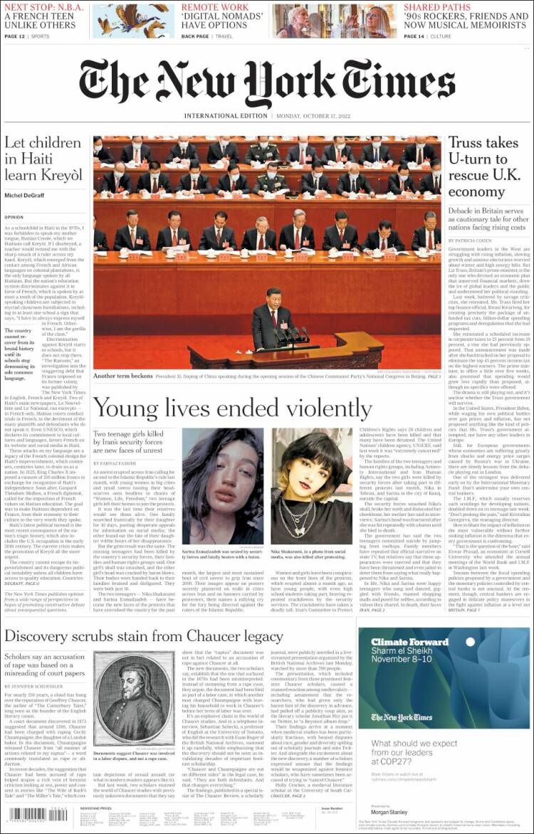 Portada de International New York Times (Europa)