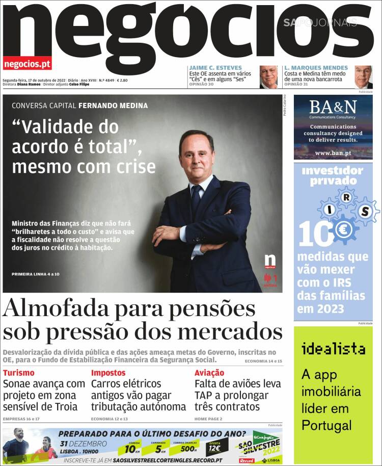 Portada de Jornal de Negócios (Portugal)