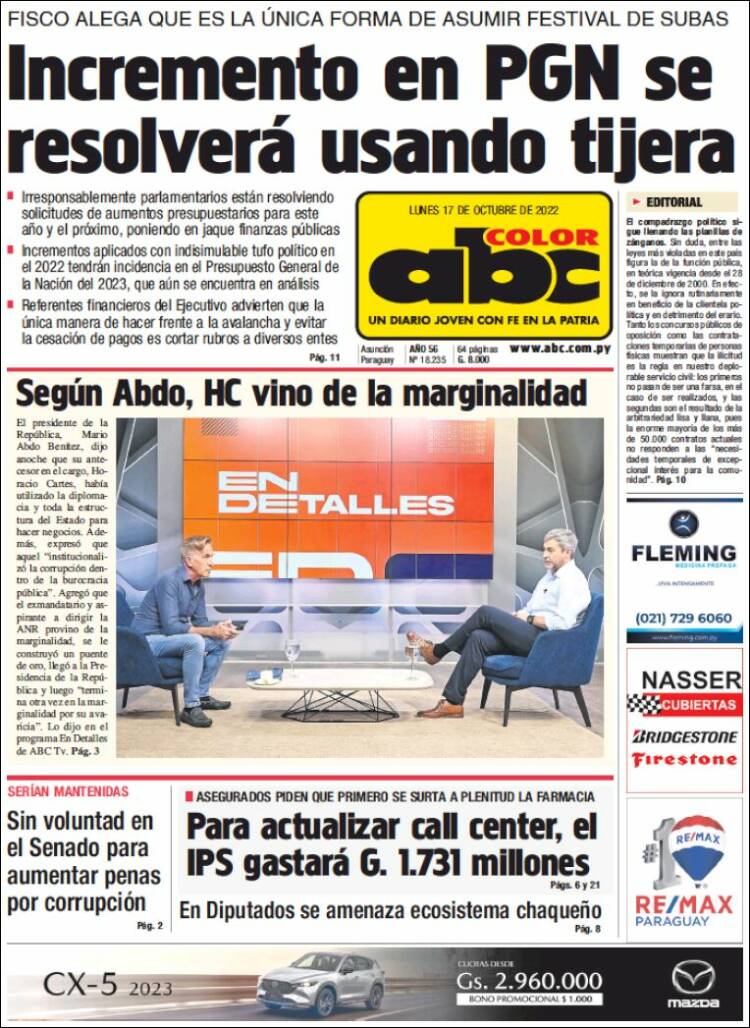 Periódico Abc Color Paraguay Periódicos De Paraguay Edición De Lunes 17 De Octubre De 2022