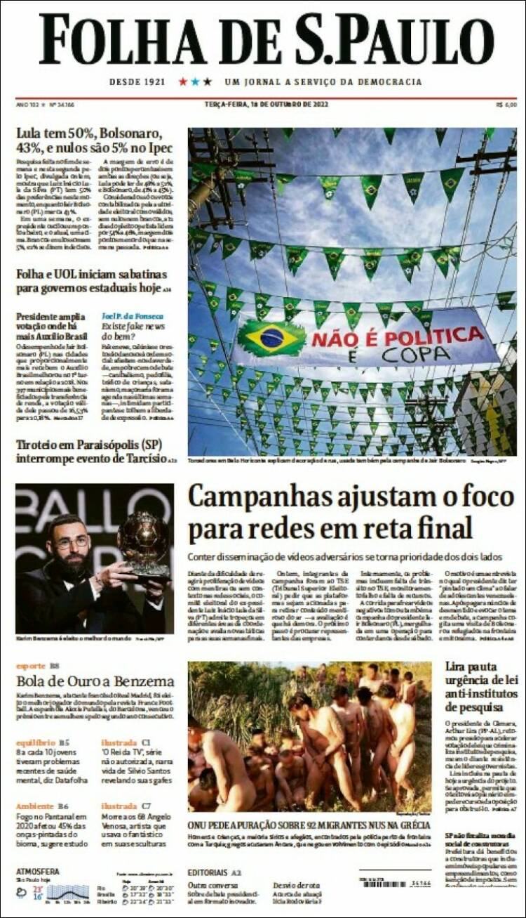 Periódico Folha De São Paulo Brasil Periódicos De Brasil Edición De Martes 18 De Octubre De 6669