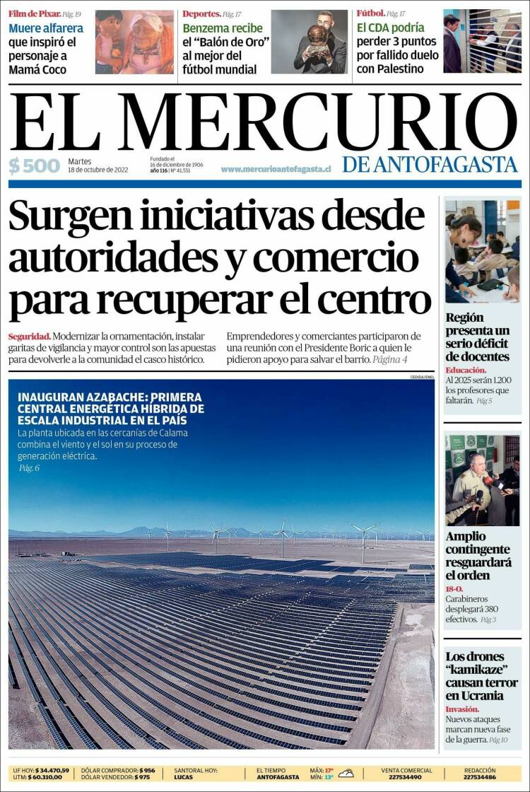 Portada de El Mercurio de Antofagasta (Chile)