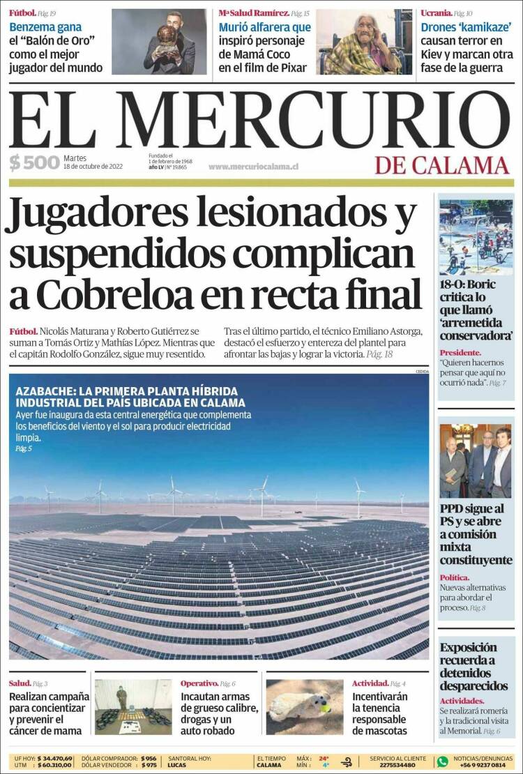 Portada de El Mercurio - Calama (Chile)