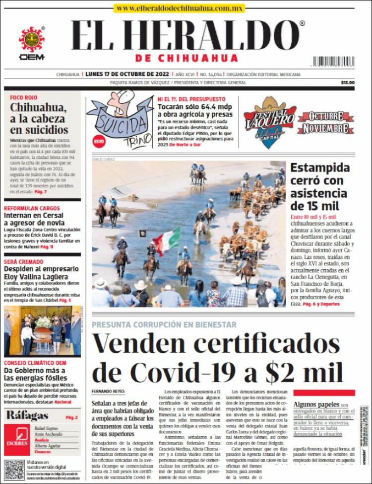 Portada de El Heraldo de Chihuahua (M&eacute;xico)