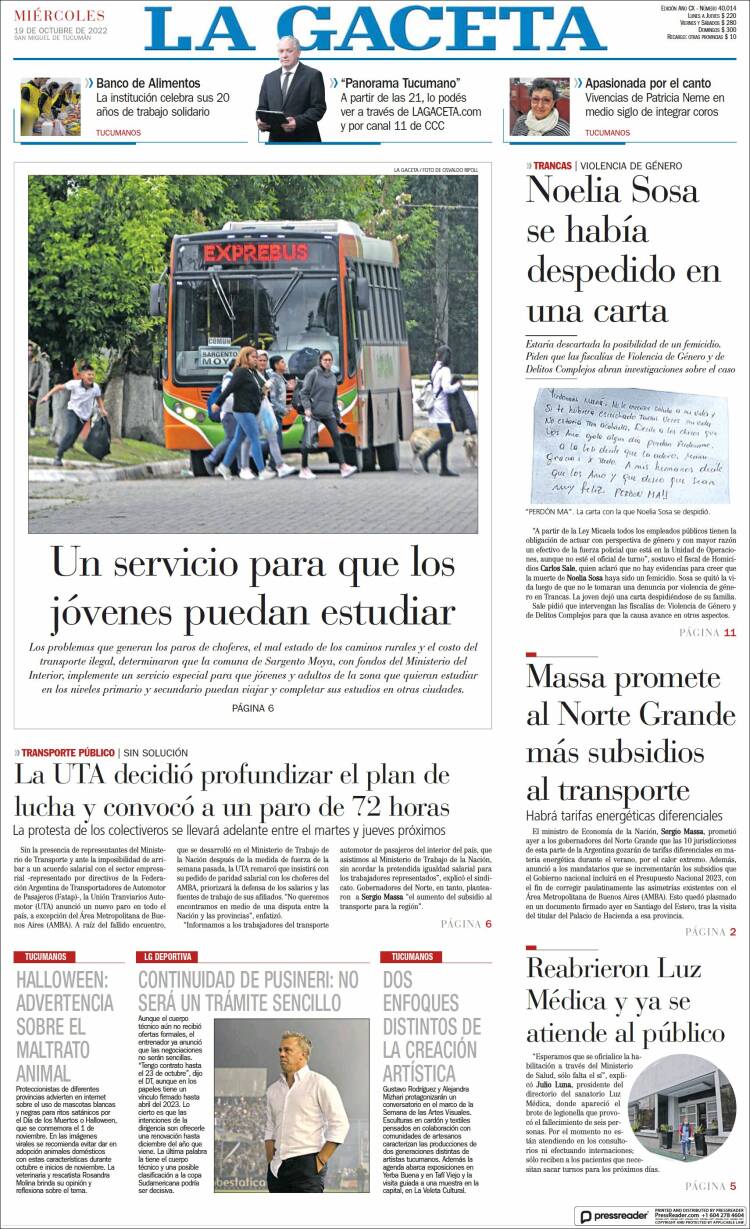 Portada de La Gaceta (Argentina)