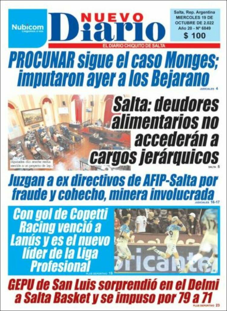 Portada de Nuevo Diario de Salta (Argentina)