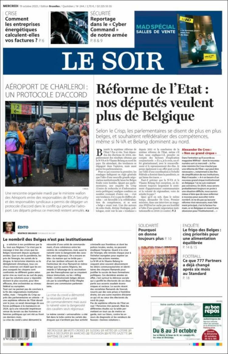 Portada de Le Soir (B&eacute;lgica)