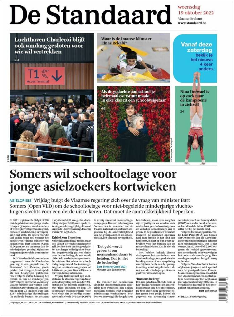 Portada de De Standaard (B&eacute;lgica)