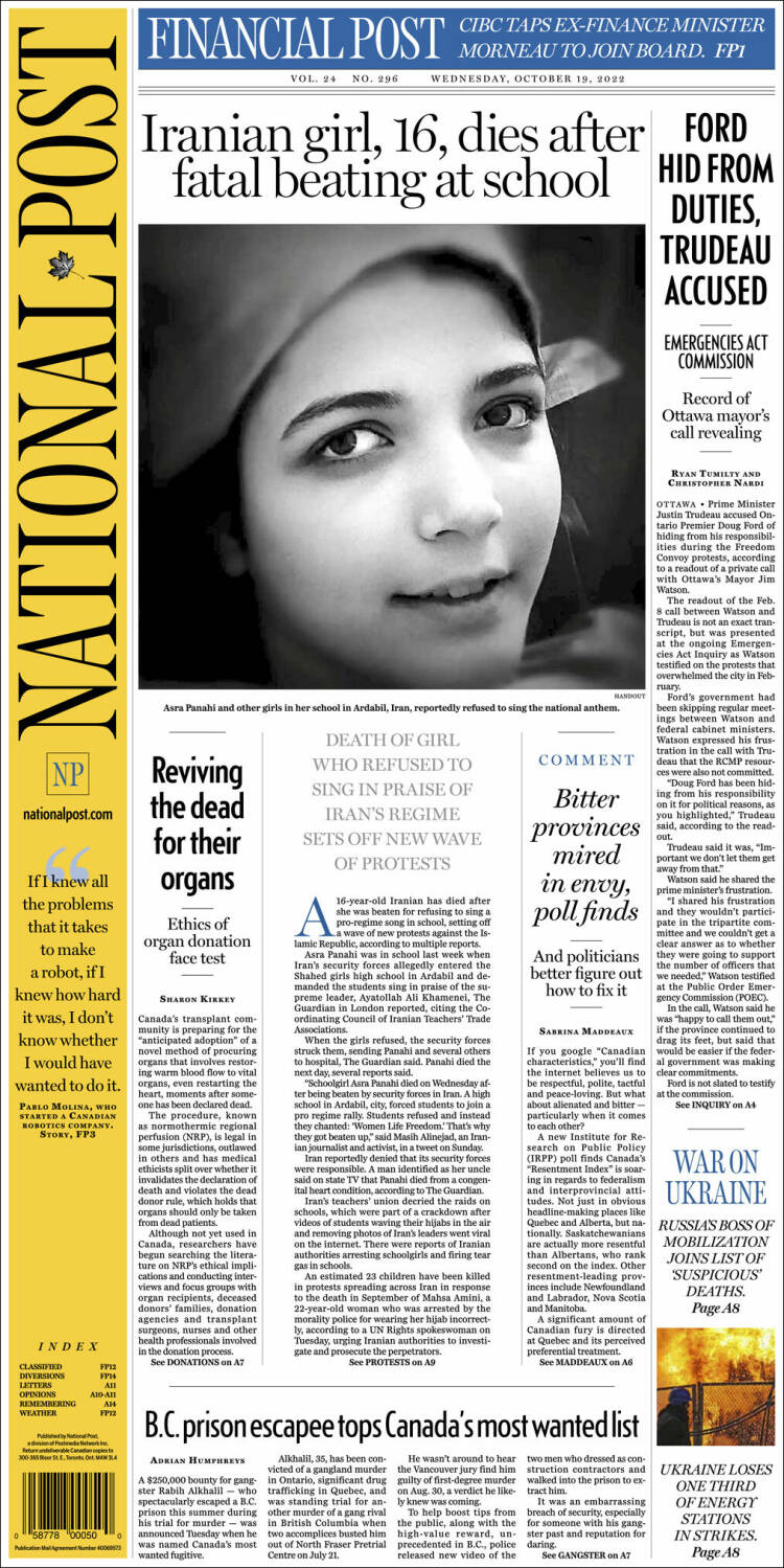 Portada de The National Post (Canada)