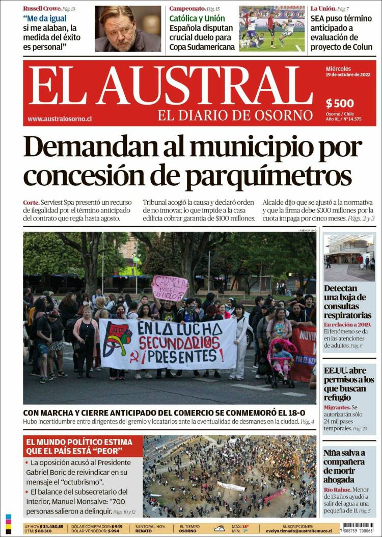 Portada de El Austral de Osorno (Chile)