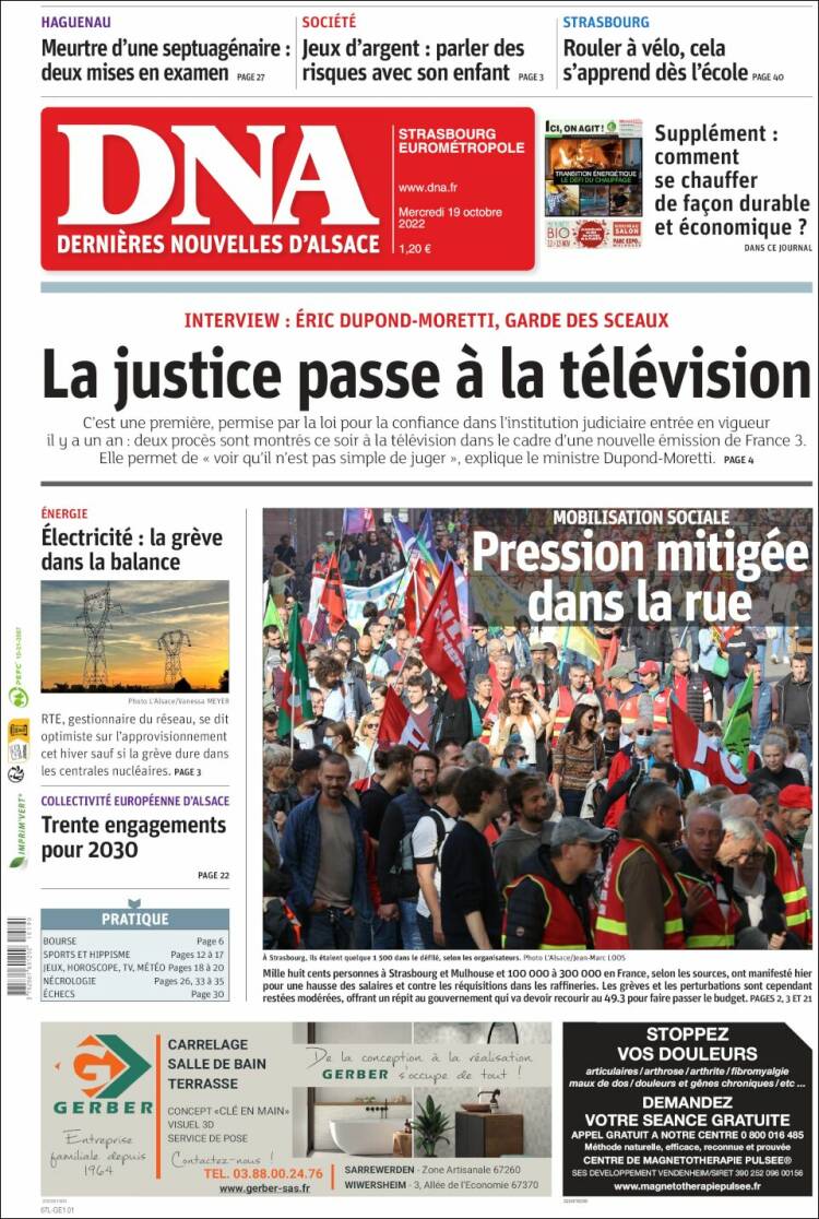 Portada de Les Dernières Nouvelles d'Alsace (Francia)