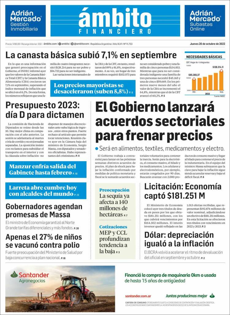 Portada de Diario Ambito Financiero (Argentine)