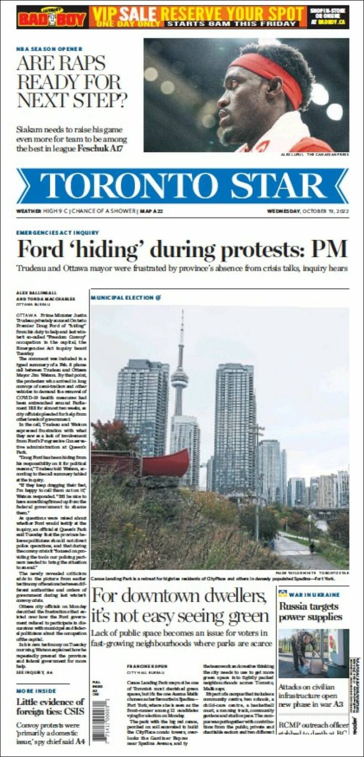 Portada de The Toronto Star (Canada)