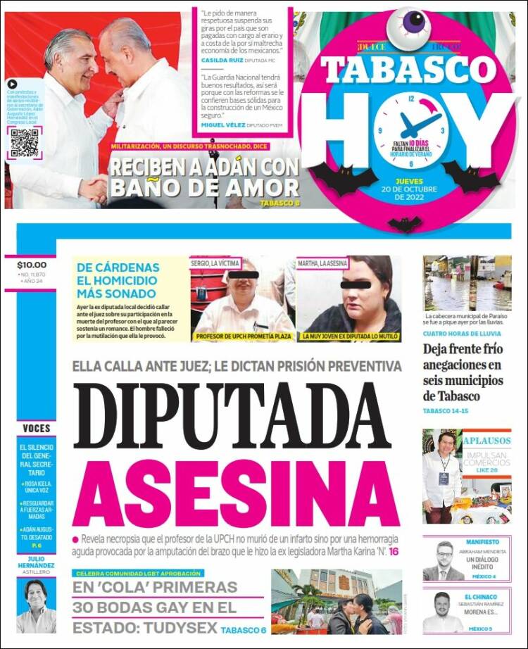 Periódico Tabasco Hoy (México). Periódicos De México. Edición De Jueves ...