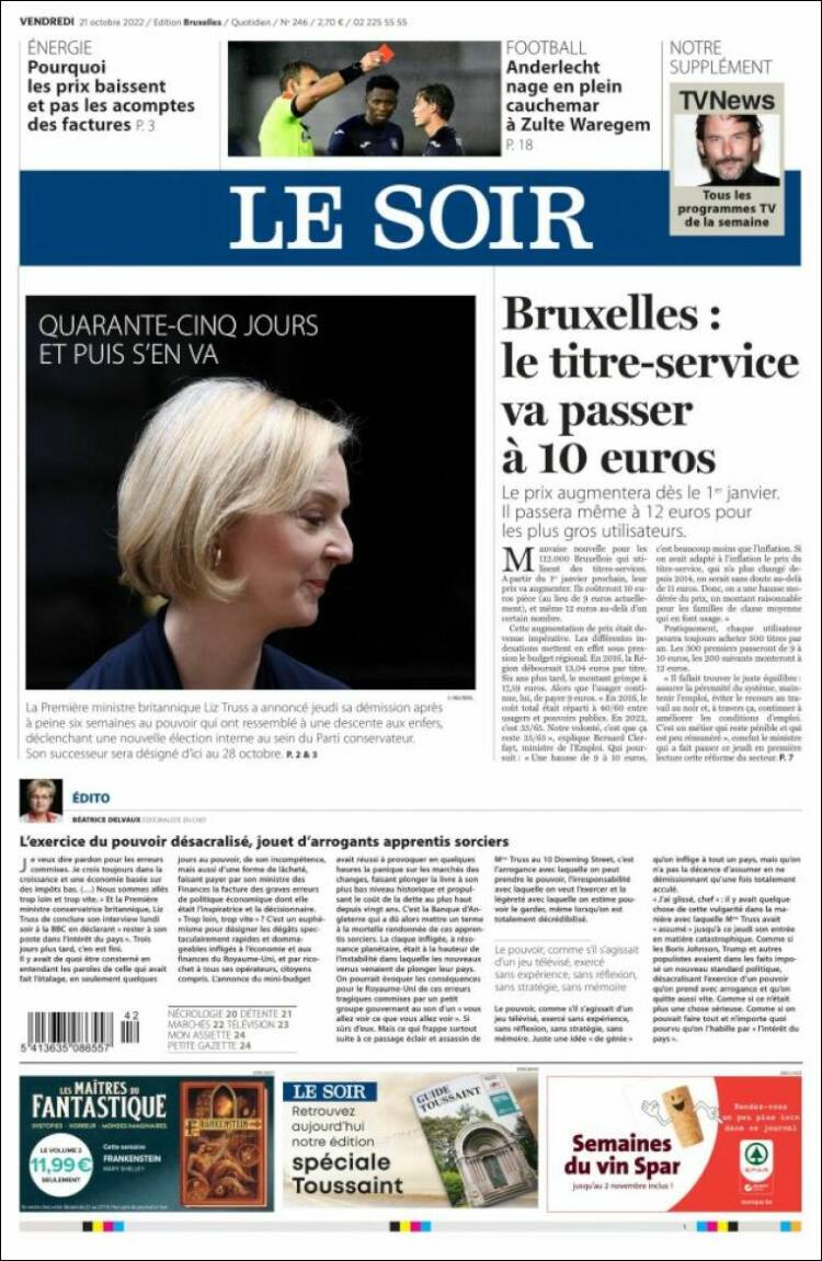 Portada de Le Soir (B&eacute;lgica)