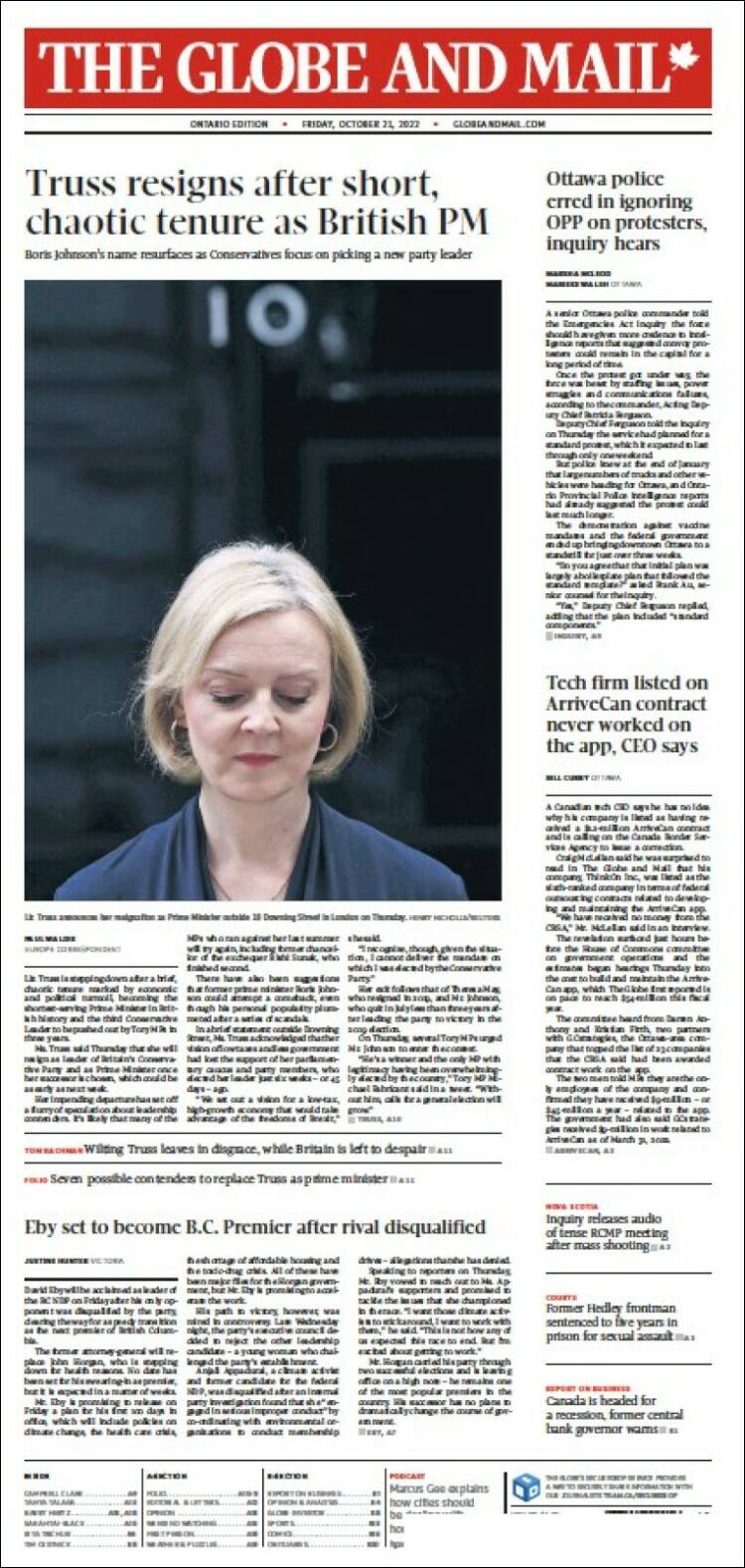 Portada de The Globe and Mail (Canadá)