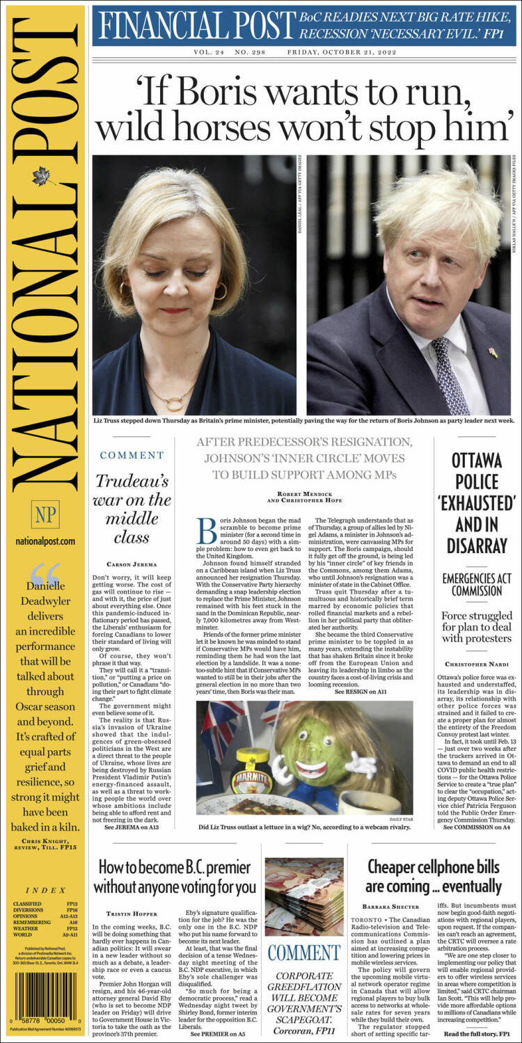 Portada de The National Post (Canadá)