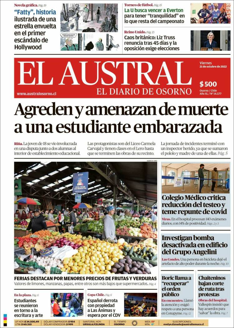 Portada de El Austral de Osorno (Chile)