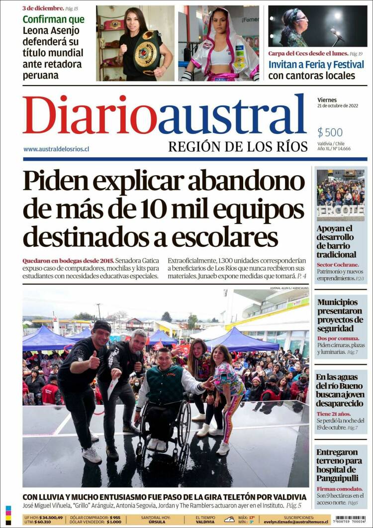 Portada de El Diario Austral de Valdivia (Chile)