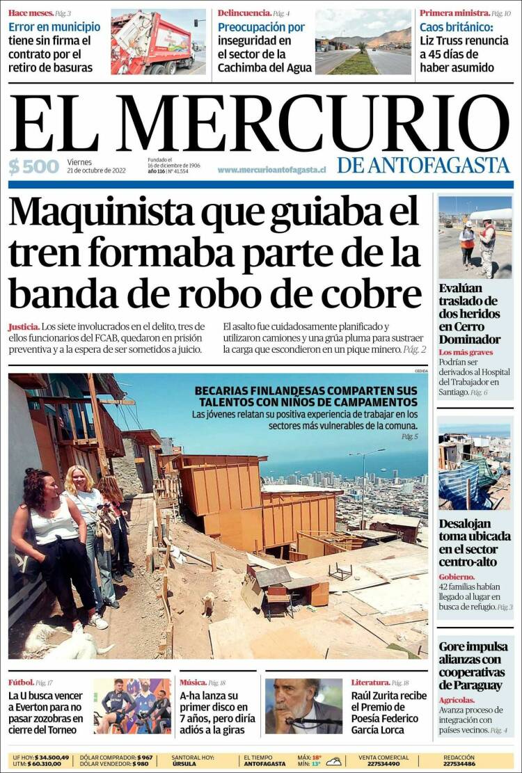 Portada de El Mercurio de Antofagasta (Chile)