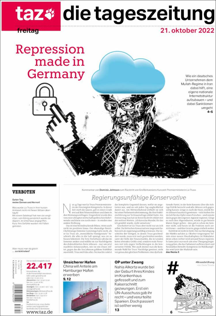 Portada de Die Tageszeitung (Alemania)