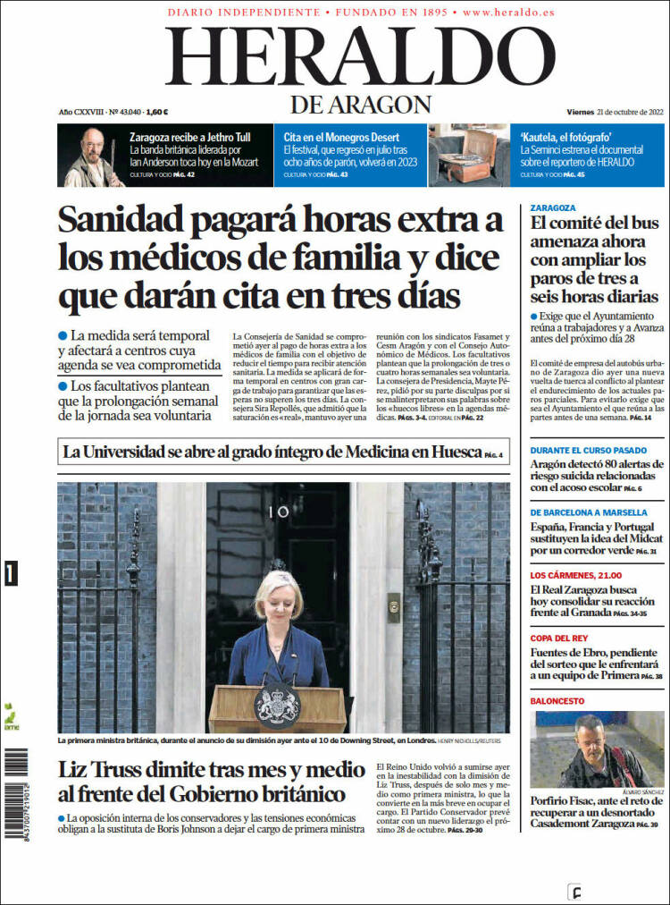 Portada de Heraldo de Aragón (España)