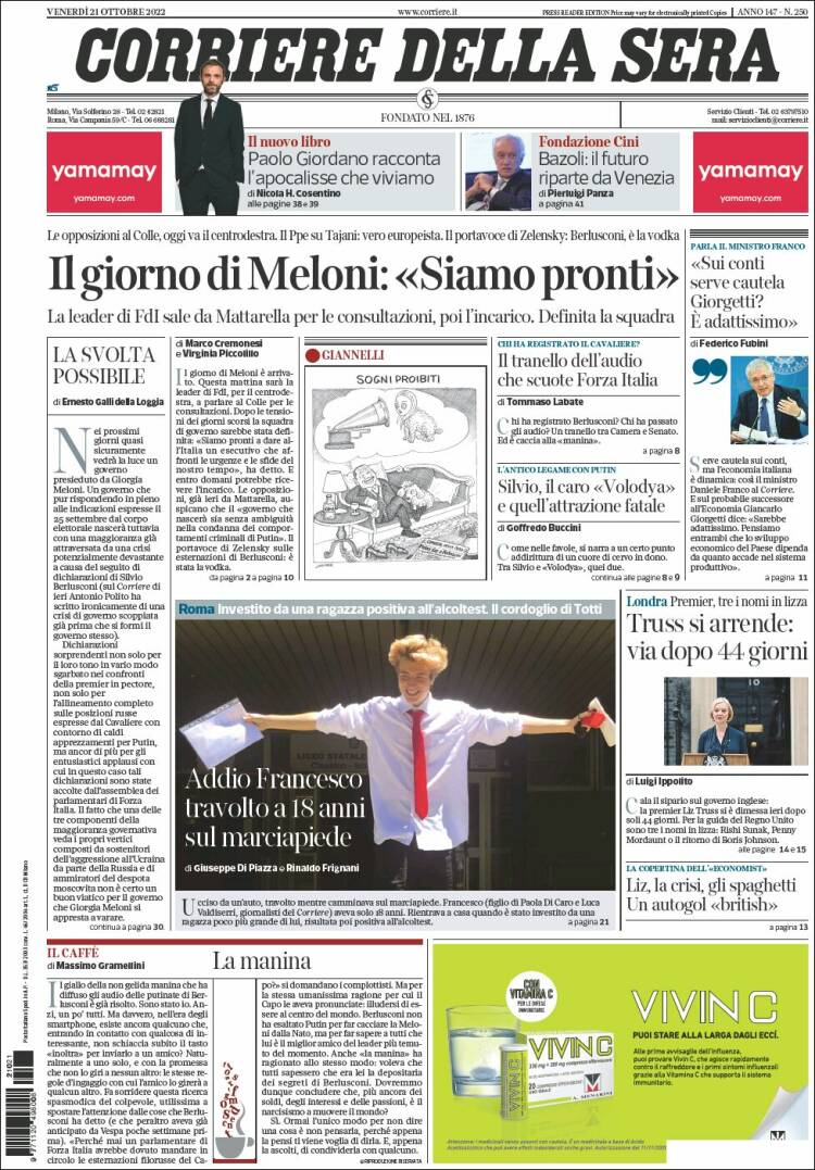 Portada de Corriere della Sera (Italia)