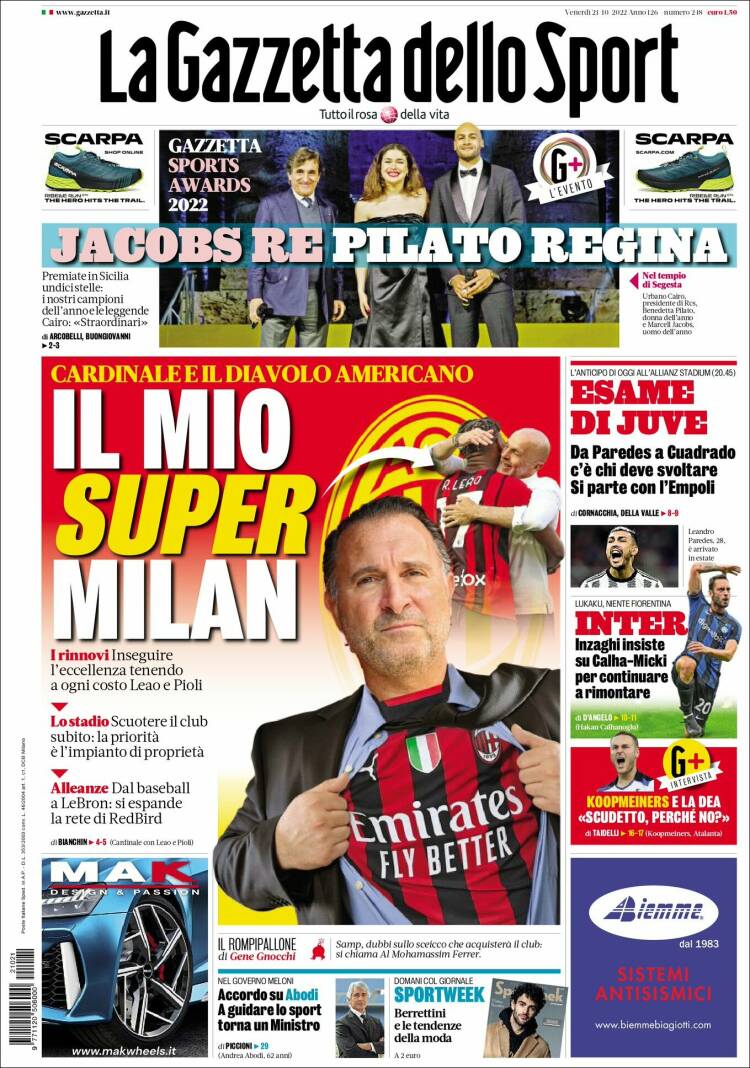 Portada de La Gazzetta dello Sport (Italia)