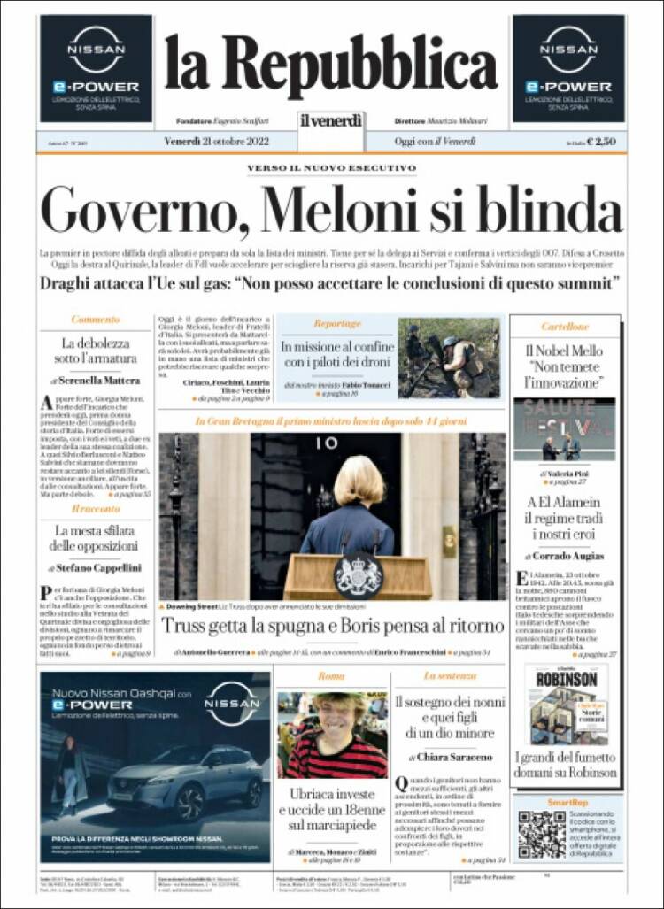 Portada de La Repubblica (Italia)