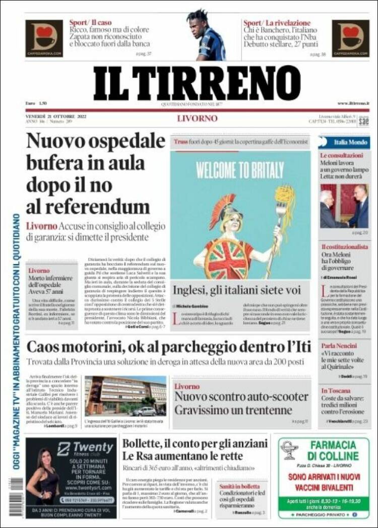 Portada de Il Tirreno (Italia)