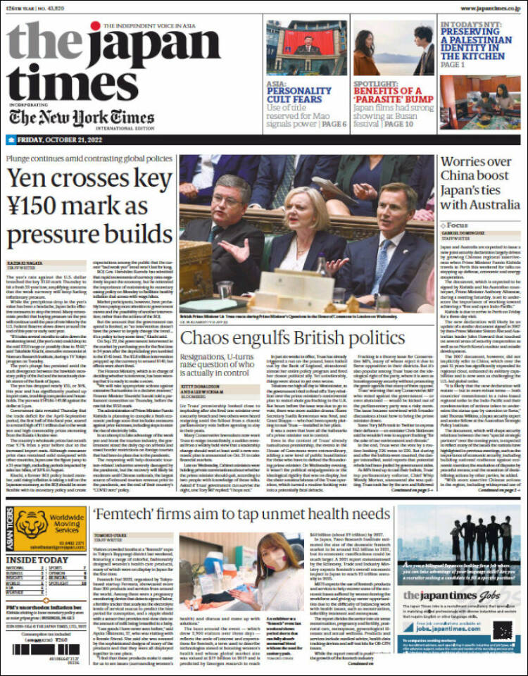 Portada de The Japan Times (Jap&oacute;n)
