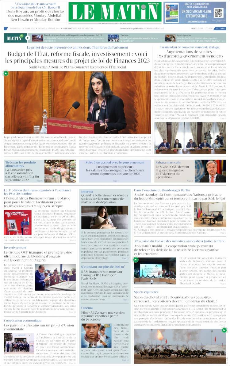 Portada de Le Matin (Marruecos)