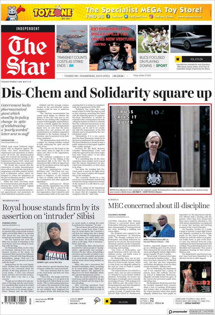 Portada de The Star (Sud&aacute;frica)