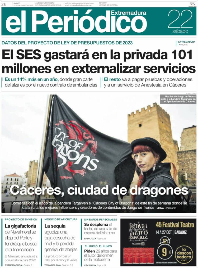 Portada de El Periódico de Extremadura (España)