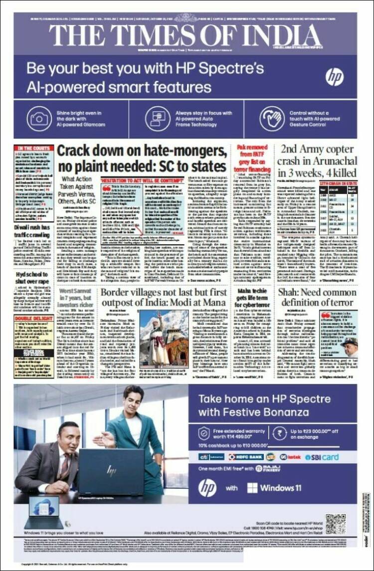 Portada de The Times of India (India)