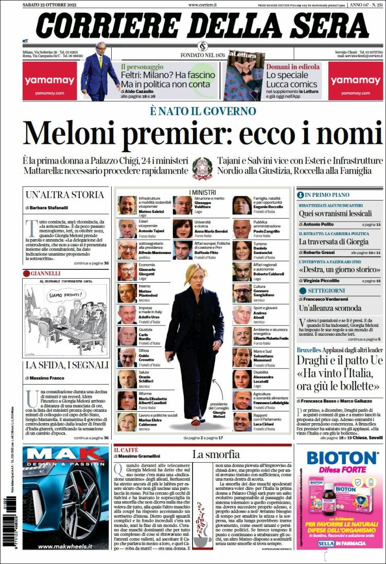 Portada de Corriere della Sera (Italia)