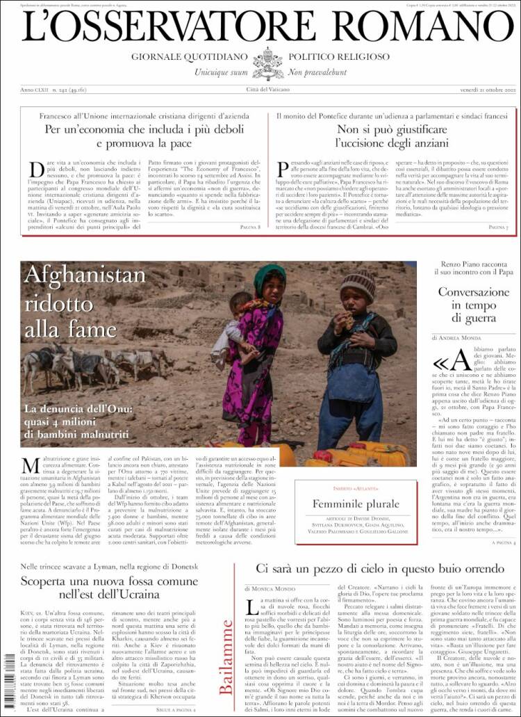 Portada de L'Osservatore Romano (Italia)