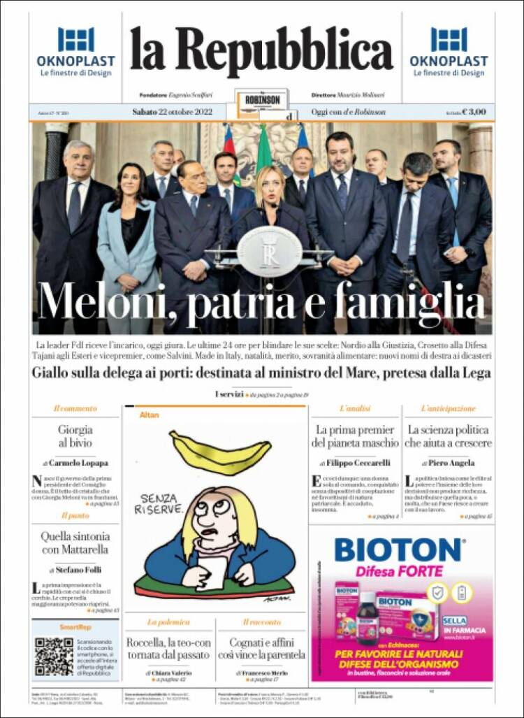 Portada de La Repubblica (Italia)