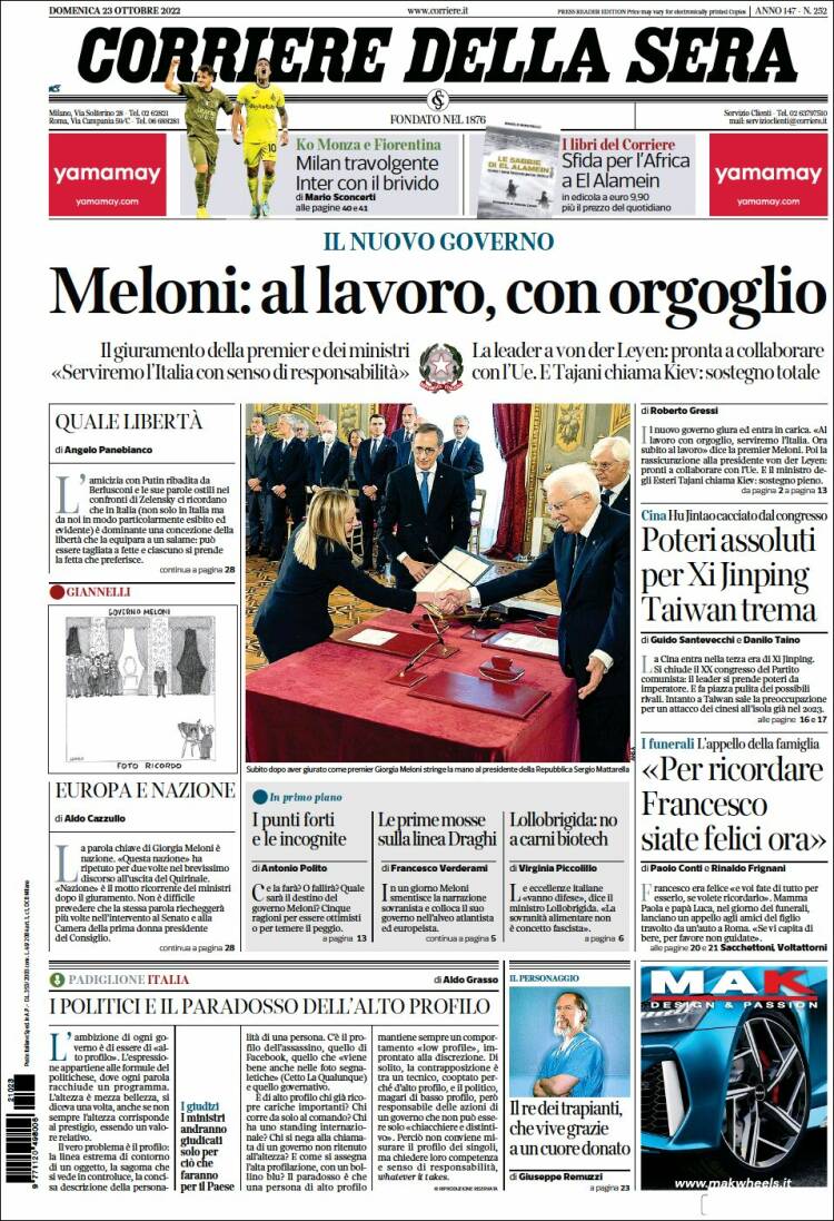Portada de Corriere della Sera (Italia)