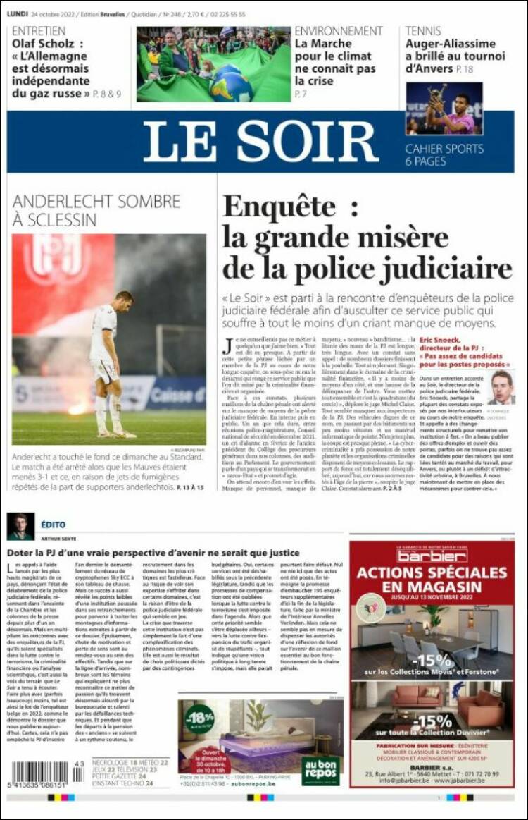 Portada de Le Soir (B&eacute;lgica)