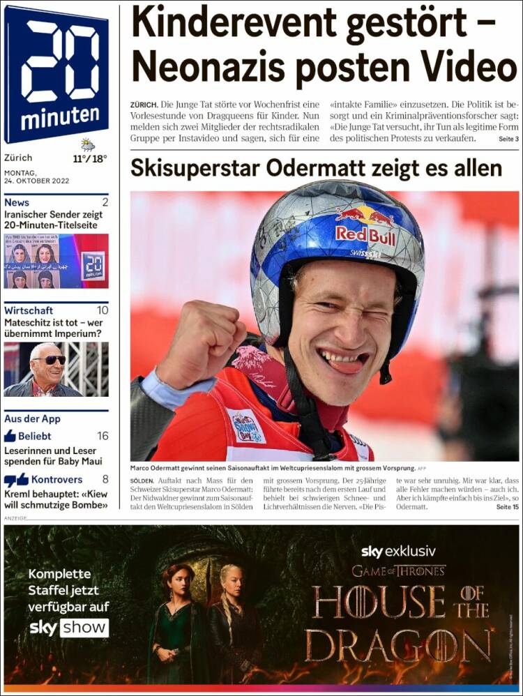 Portada de 20Minuten - Zürich (Suiza)
