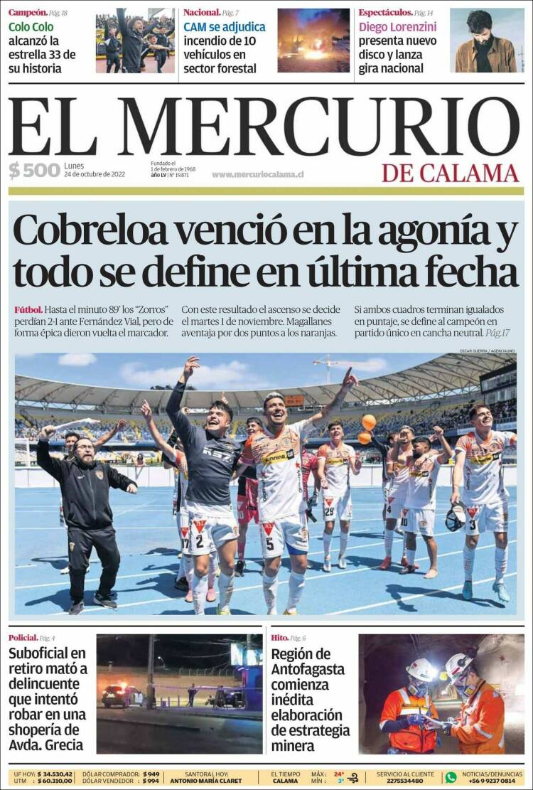 Portada de El Mercurio - Calama (Chile)