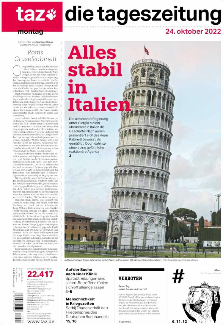 Portada de Die Tageszeitung (Alemania)