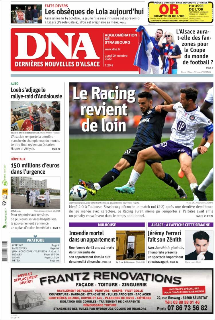 Portada de Les Dernières Nouvelles d'Alsace (Francia)