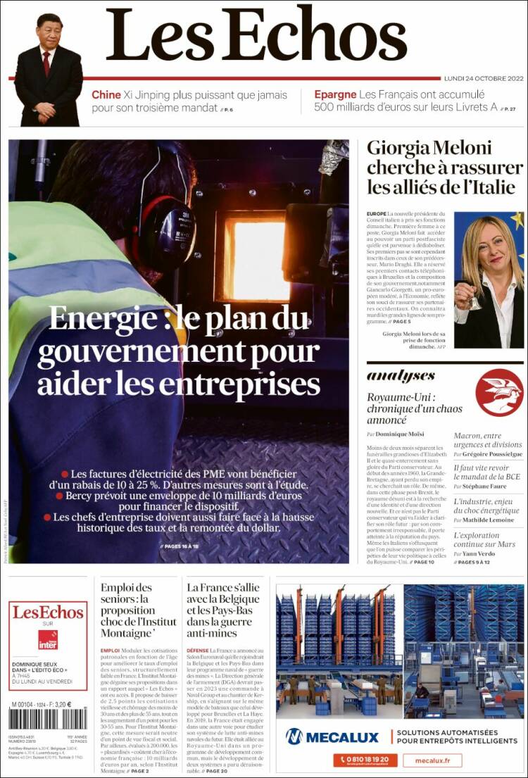 Portada de Les Echos (Francia)