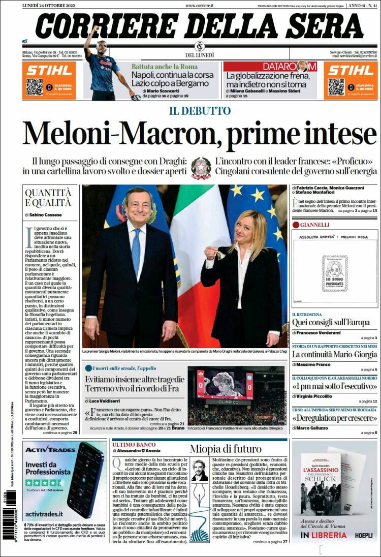 Portada de Corriere della Sera (Italia)