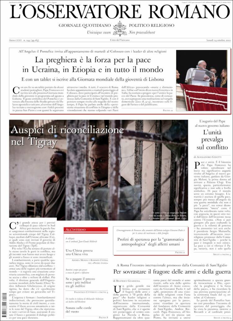 Portada de L'Osservatore Romano (Italia)