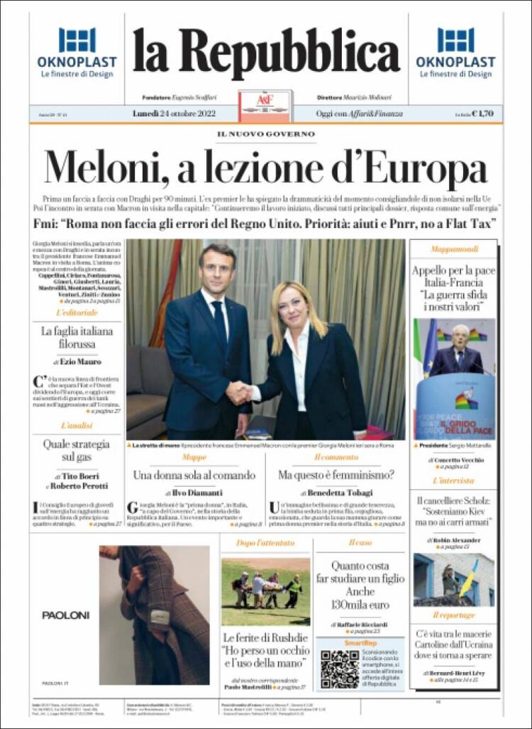 Portada de La Repubblica (Italia)