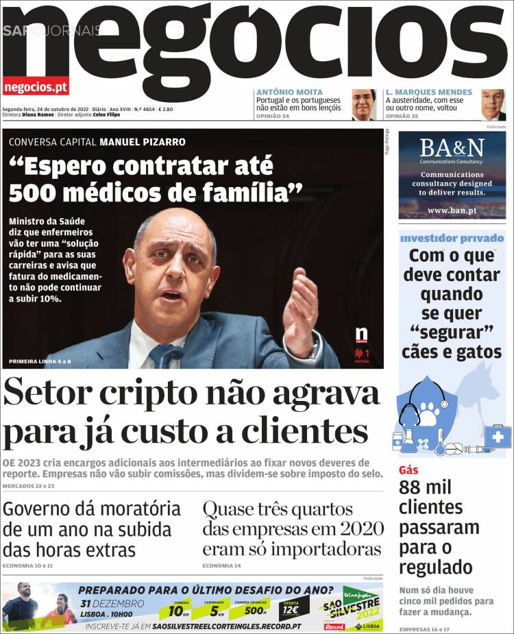 Portada de Jornal de Negócios (Portugal)